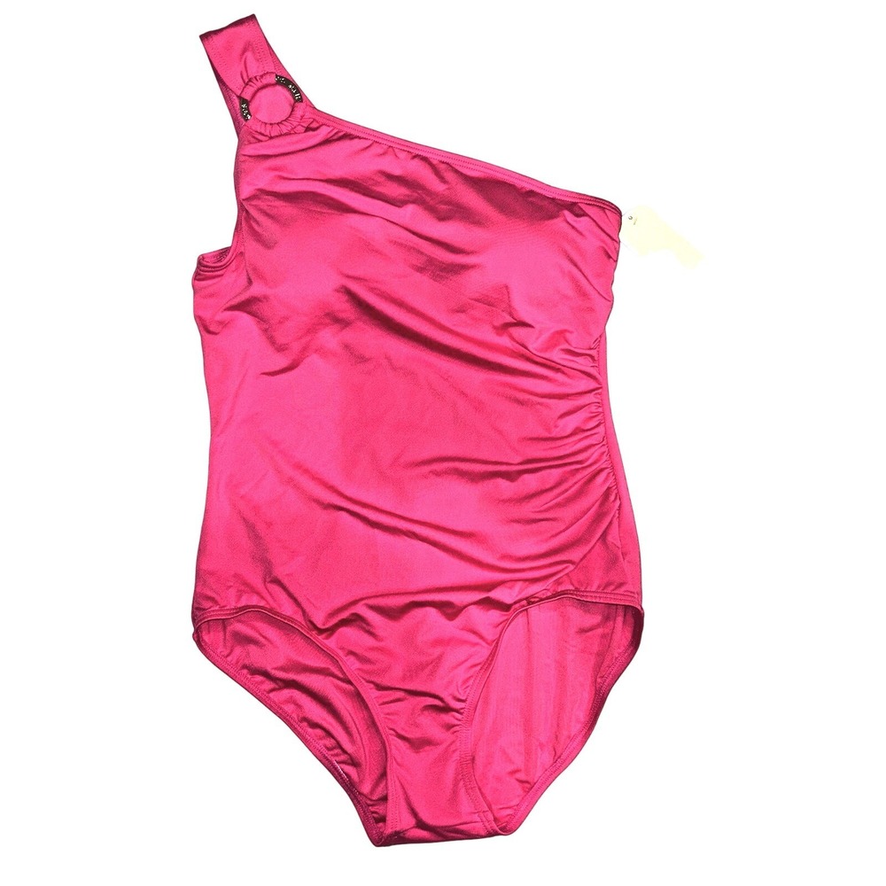 New One Piece Swimsuit Michael Kors Womens Size 14 NWT Pink One Shoulder Ruched